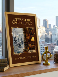 Literature And Science Classic Book Art Print by Aldous Huxley – framed print on a city-view windowsill