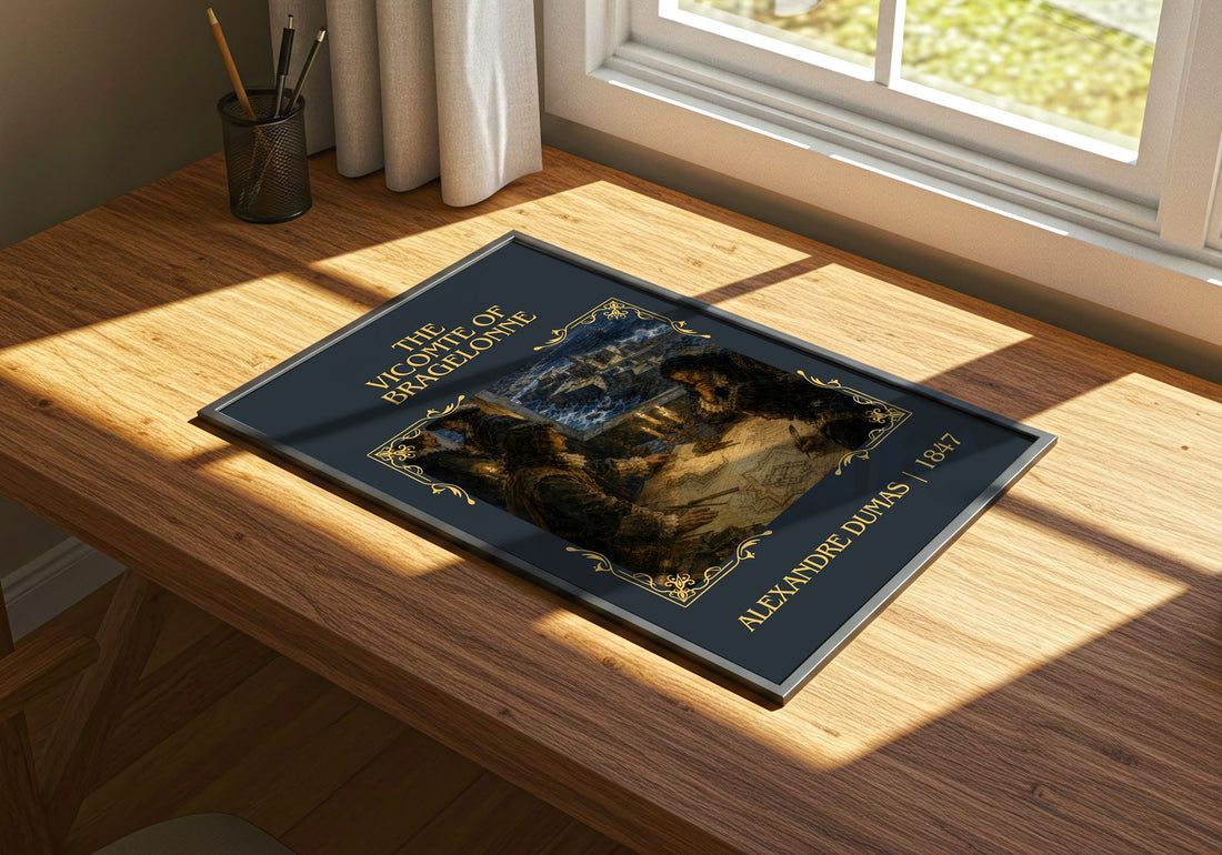 The Vicomte Of Bragelonne Classic Book Art Print by Alexandre Dumas – print on a sunlit desk