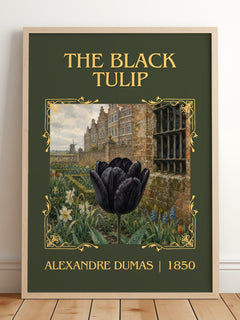 The Black Tulip Classic Book Art Print by Alexandre Dumas – framed print leaning on a wooden floor