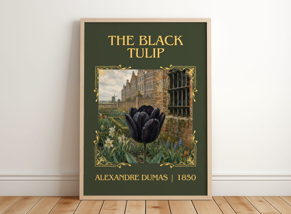 The Black Tulip Classic Book Art Print by Alexandre Dumas – framed print leaning on a wooden floor