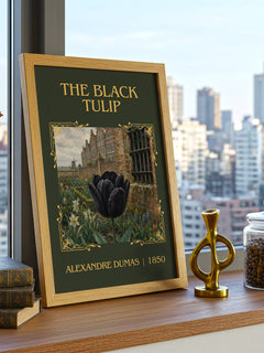 The Black Tulip Classic Book Art Print by Alexandre Dumas – framed print on a city-view windowsill