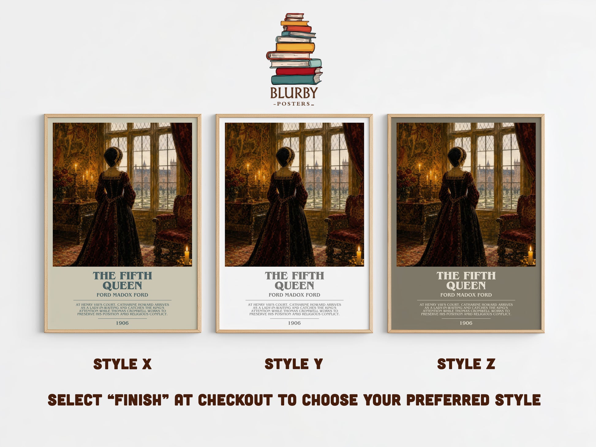 The Fifth Queen bookish print in frame leaning in hallway – historical fiction wall art
