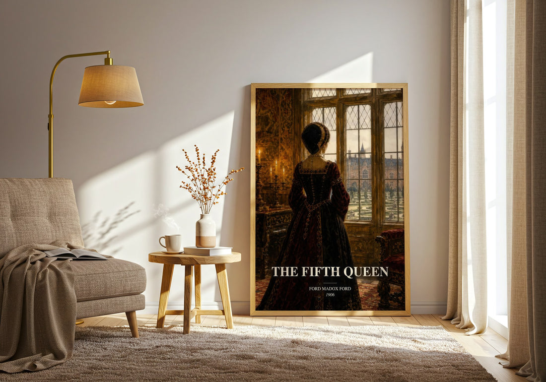 The Fifth Queen watercolour print in frame leaning in hallway – historical fiction wall art (mockup)