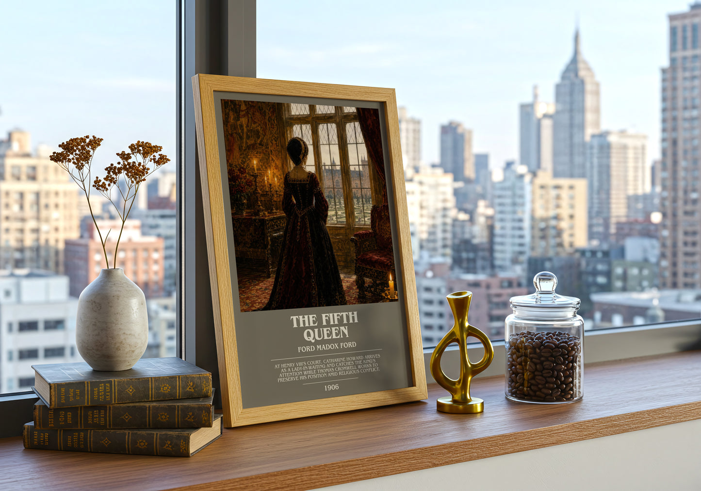 The Fifth Queen bookish print framed by window – literary home decor