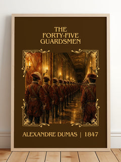 The Forty-Five Guardsmen Classic Book Art Print by Alexandre Dumas – framed print leaning on a wooden floor