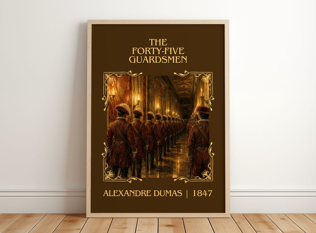 The Forty-Five Guardsmen Classic Book Art Print by Alexandre Dumas – framed print leaning on a wooden floor