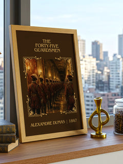 The Forty-Five Guardsmen Classic Book Art Print by Alexandre Dumas – framed print on a city-view windowsill