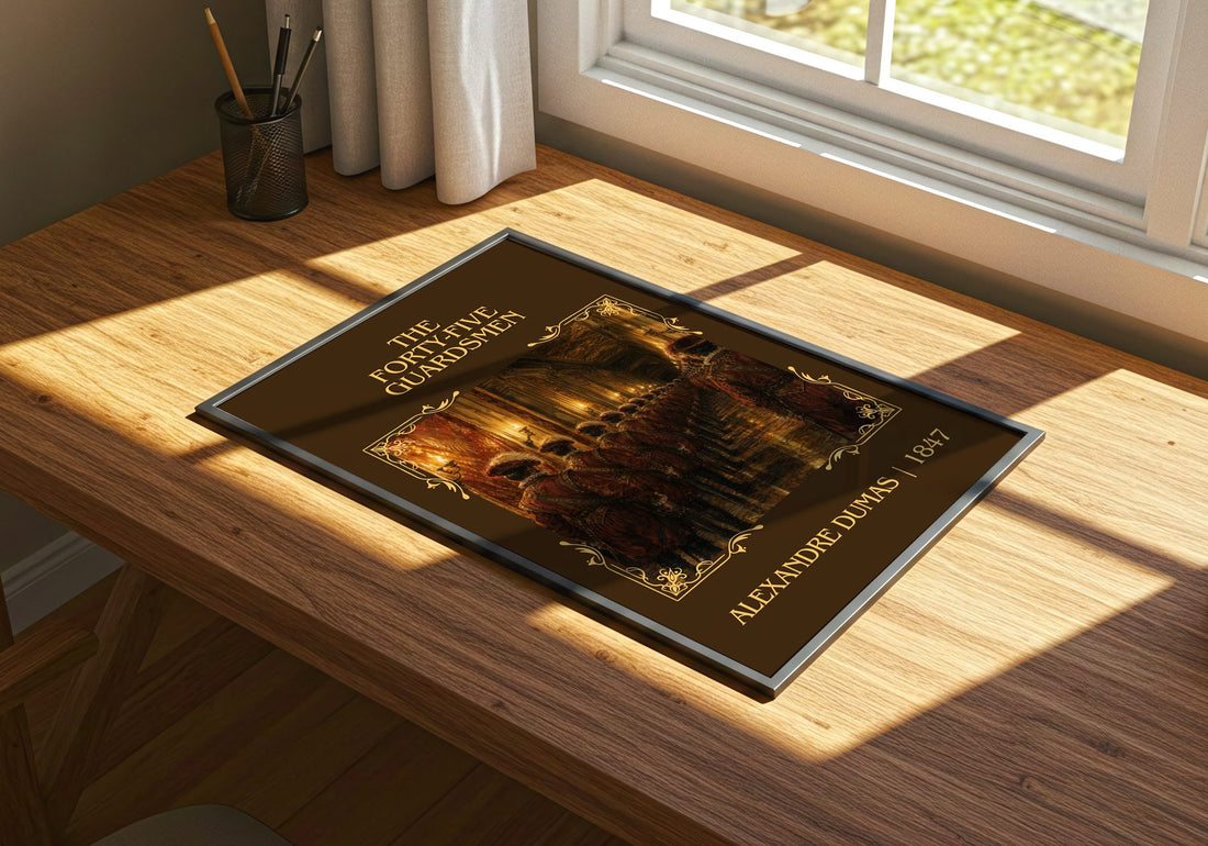 The Forty-Five Guardsmen Classic Book Art Print by Alexandre Dumas – print on a sunlit desk
