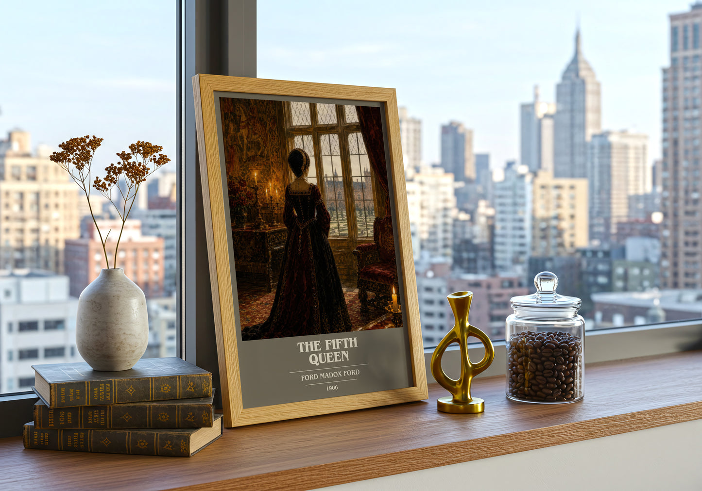 The Fifth Queen book cover print framed by window – literary home decor