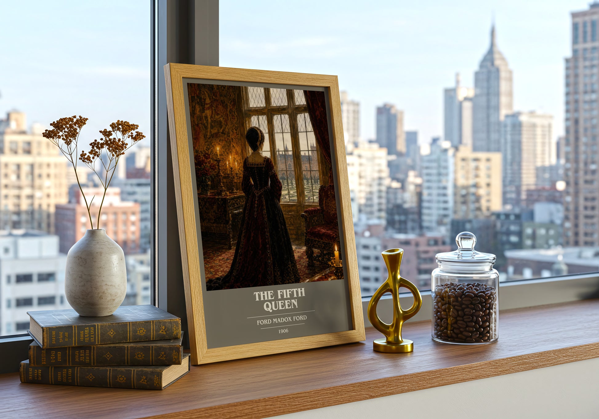 The Fifth Queen book cover print framed by window – literary home decor