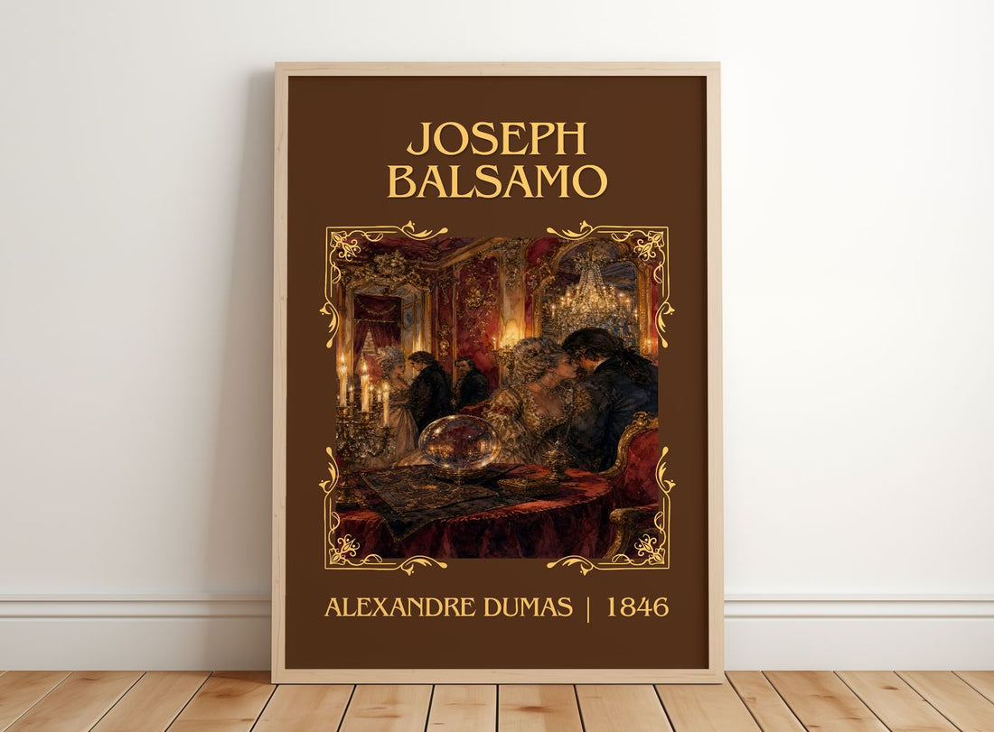 Joseph Balsamo Classic Book Art Print by Alexandre Dumas – framed print leaning on a wooden floor