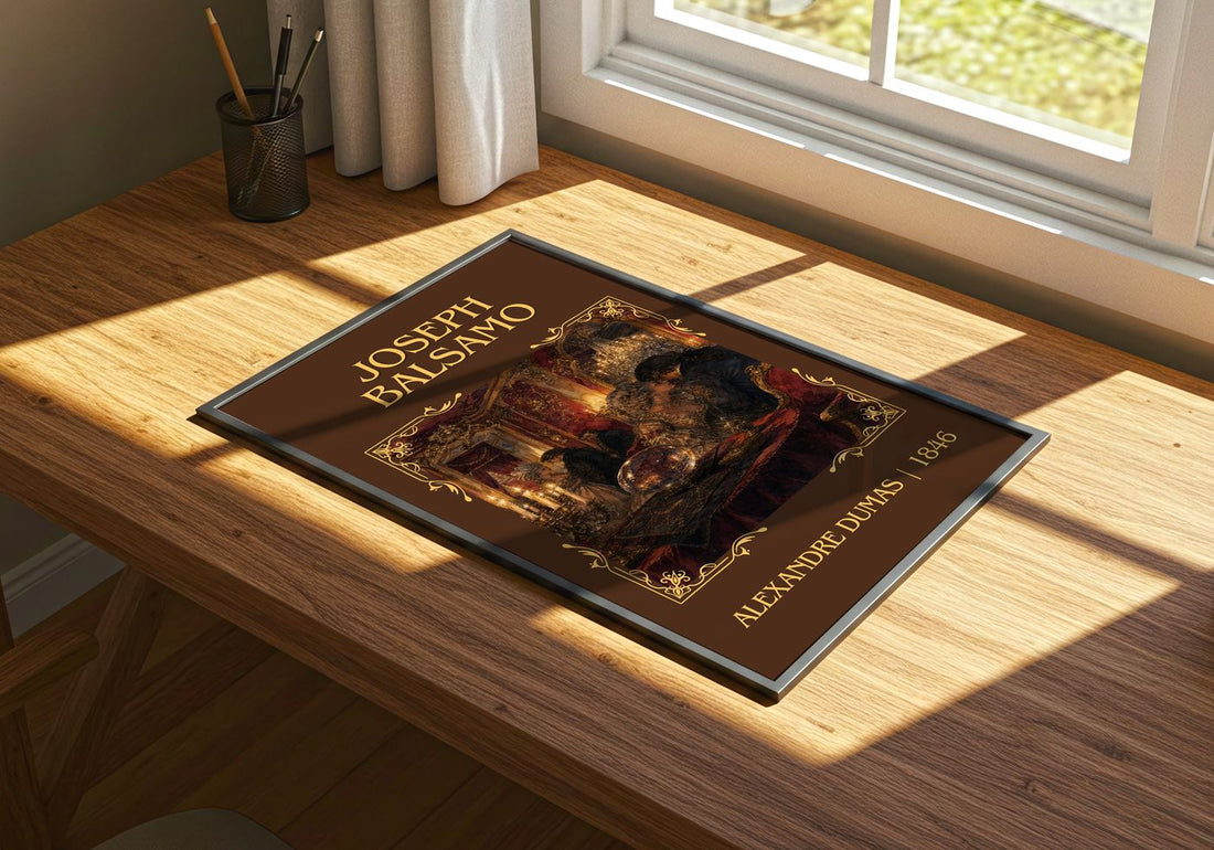 Joseph Balsamo Classic Book Art Print by Alexandre Dumas – print on a sunlit desk