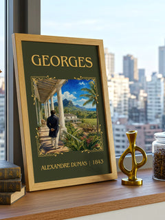 Georges Classic Book Art Print by Alexandre Dumas – framed print on a city-view windowsill