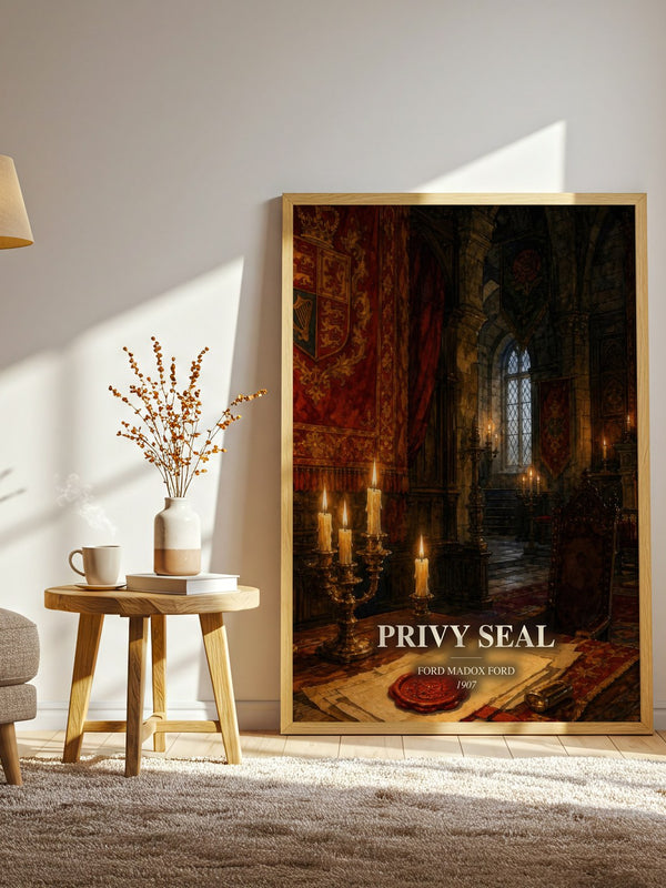 Privy Seal watercolour print in frame leaning in hallway – historical fiction wall art