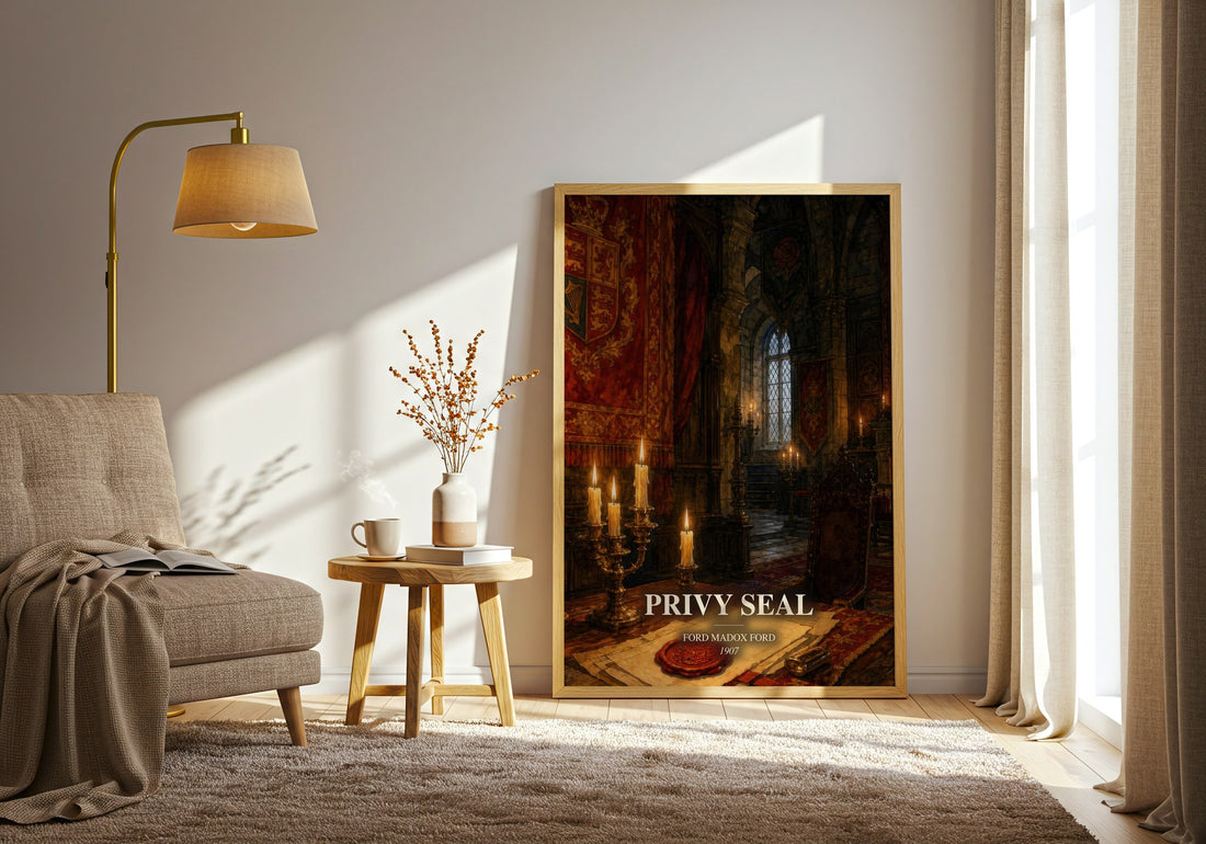 Privy Seal watercolour print in frame leaning in hallway – historical fiction wall art (mockup)