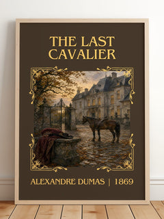The Last Cavalier Classic Book Art Print by Alexandre Dumas – framed print leaning on a wooden floor