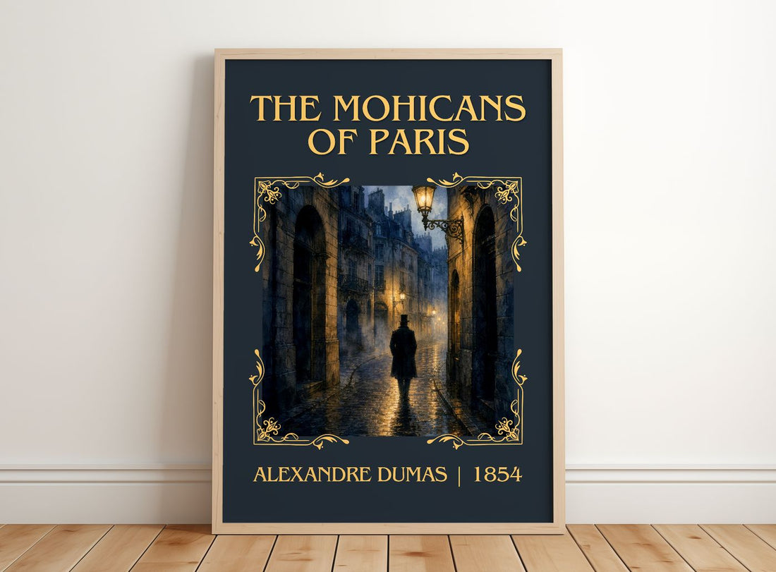 The Mohicans Of Paris Classic Book Art Print by Alexandre Dumas – framed print leaning on a wooden floor