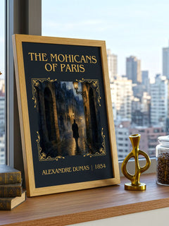The Mohicans Of Paris Classic Book Art Print by Alexandre Dumas – framed print on a city-view windowsill