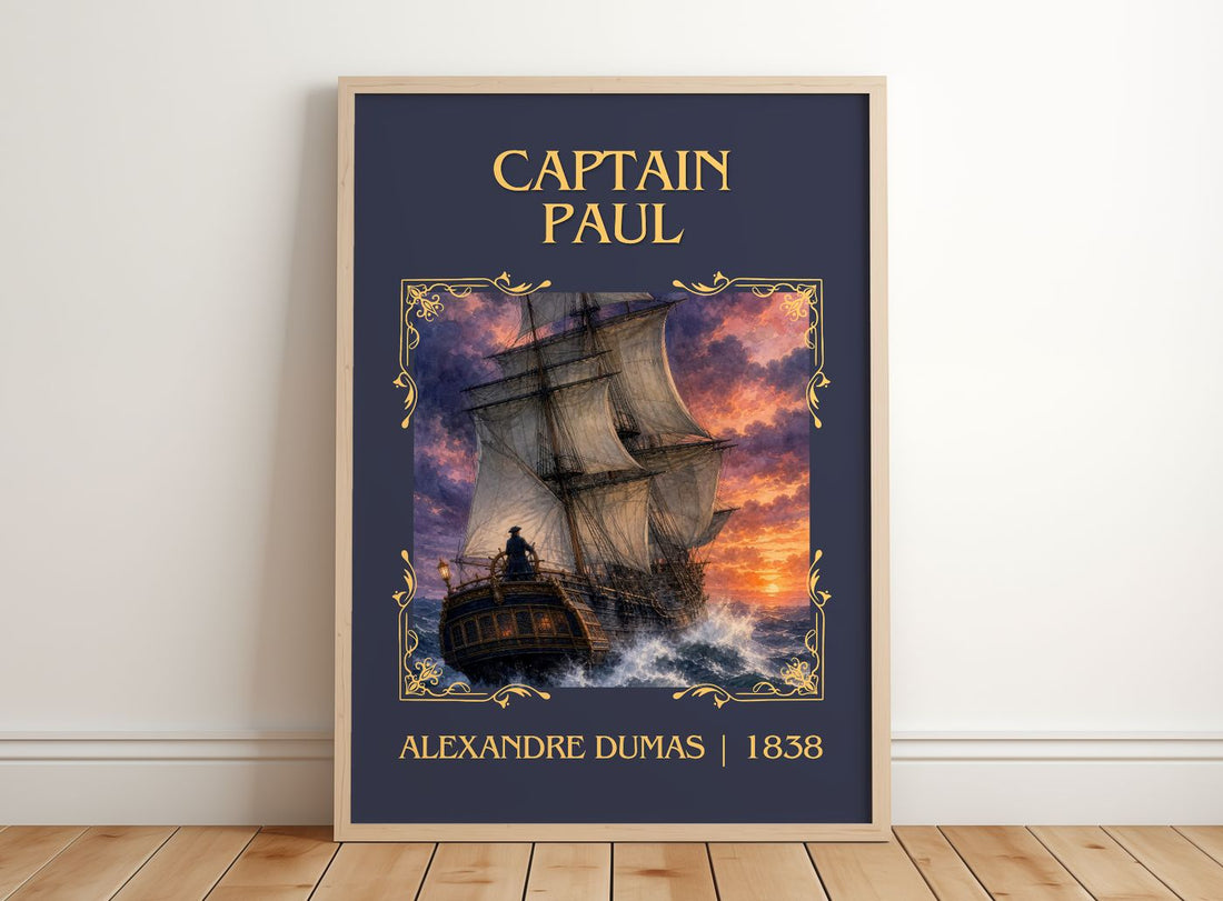 Captain Paul Classic Book Art Print by Alexandre Dumas – framed print leaning on a wooden floor