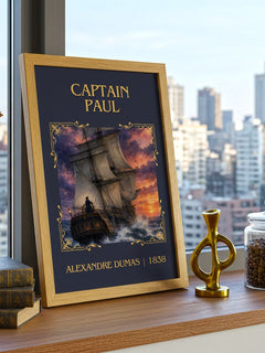Captain Paul Classic Book Art Print by Alexandre Dumas – framed print on a city-view windowsill