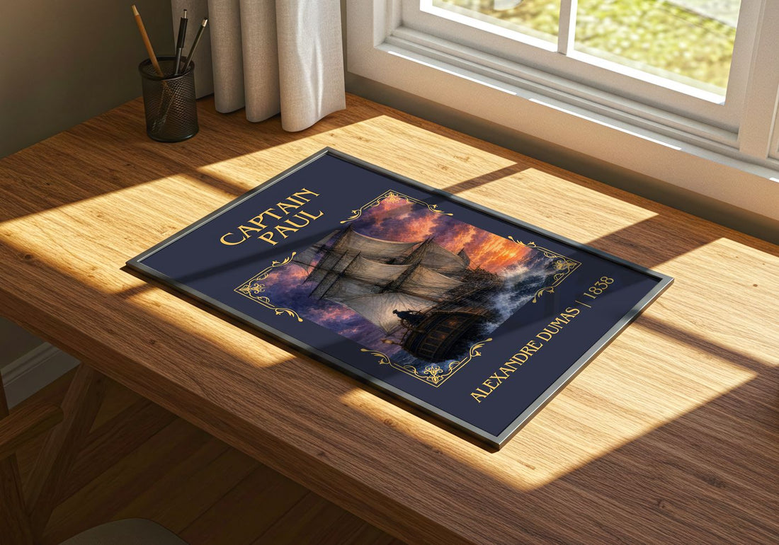 Captain Paul Classic Book Art Print by Alexandre Dumas – print on a sunlit desk