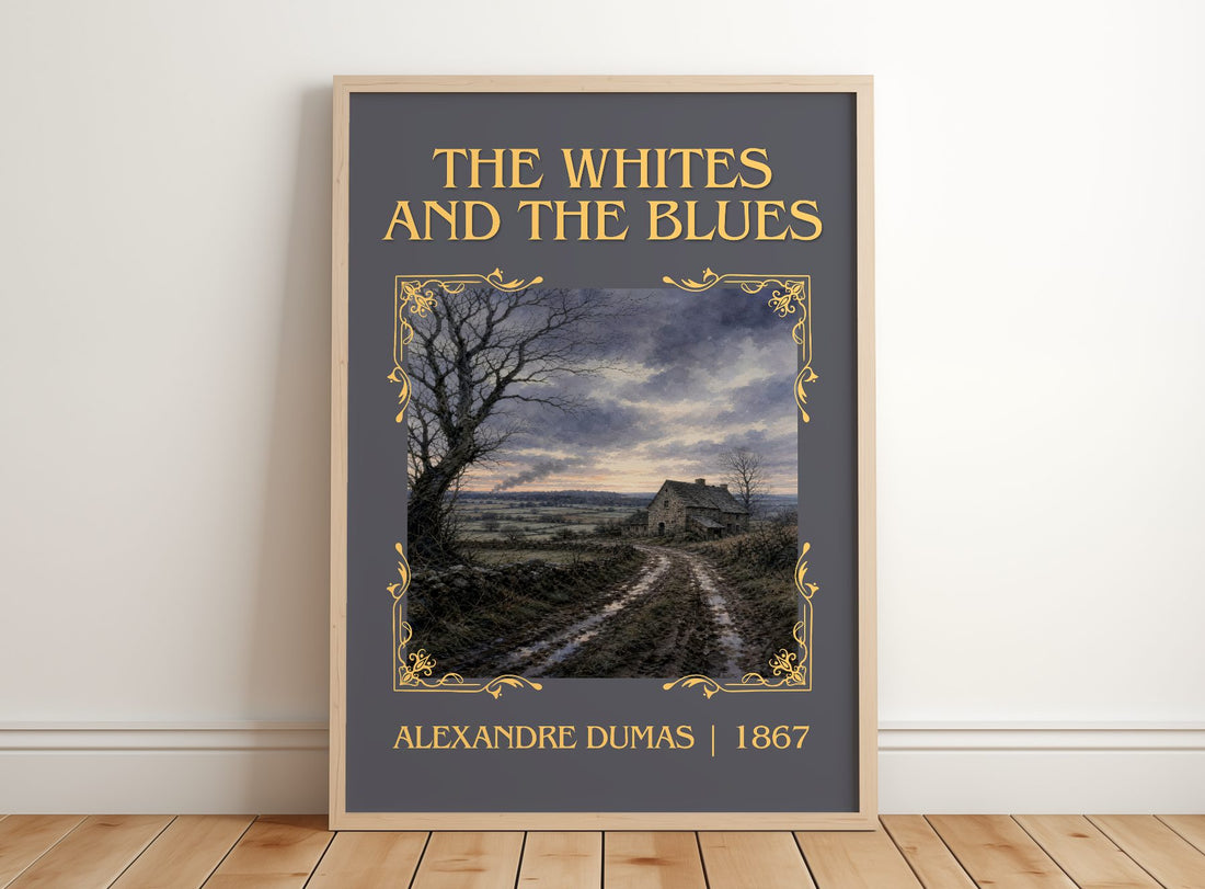 The Whites And The Blues Classic Book Art Print by Alexandre Dumas – framed print leaning on a wooden floor