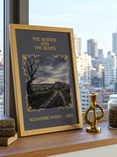 The Whites And The Blues Classic Book Art Print by Alexandre Dumas – framed print on a city-view windowsill