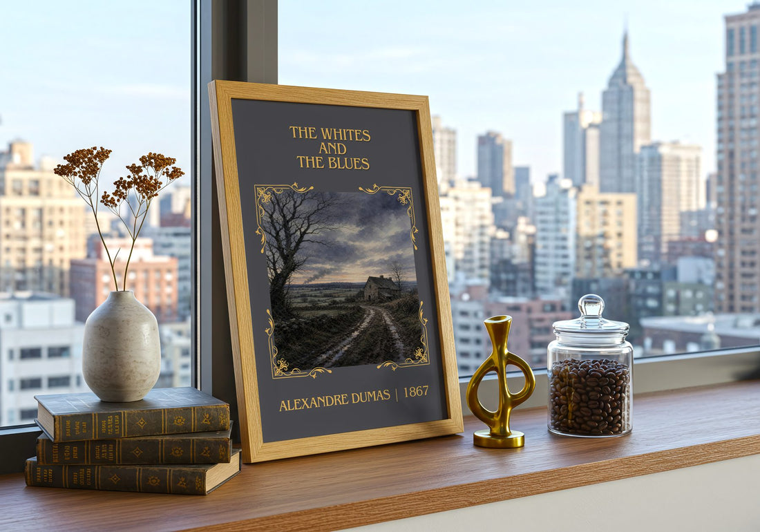 The Whites And The Blues Classic Book Art Print by Alexandre Dumas – framed print on a city-view windowsill