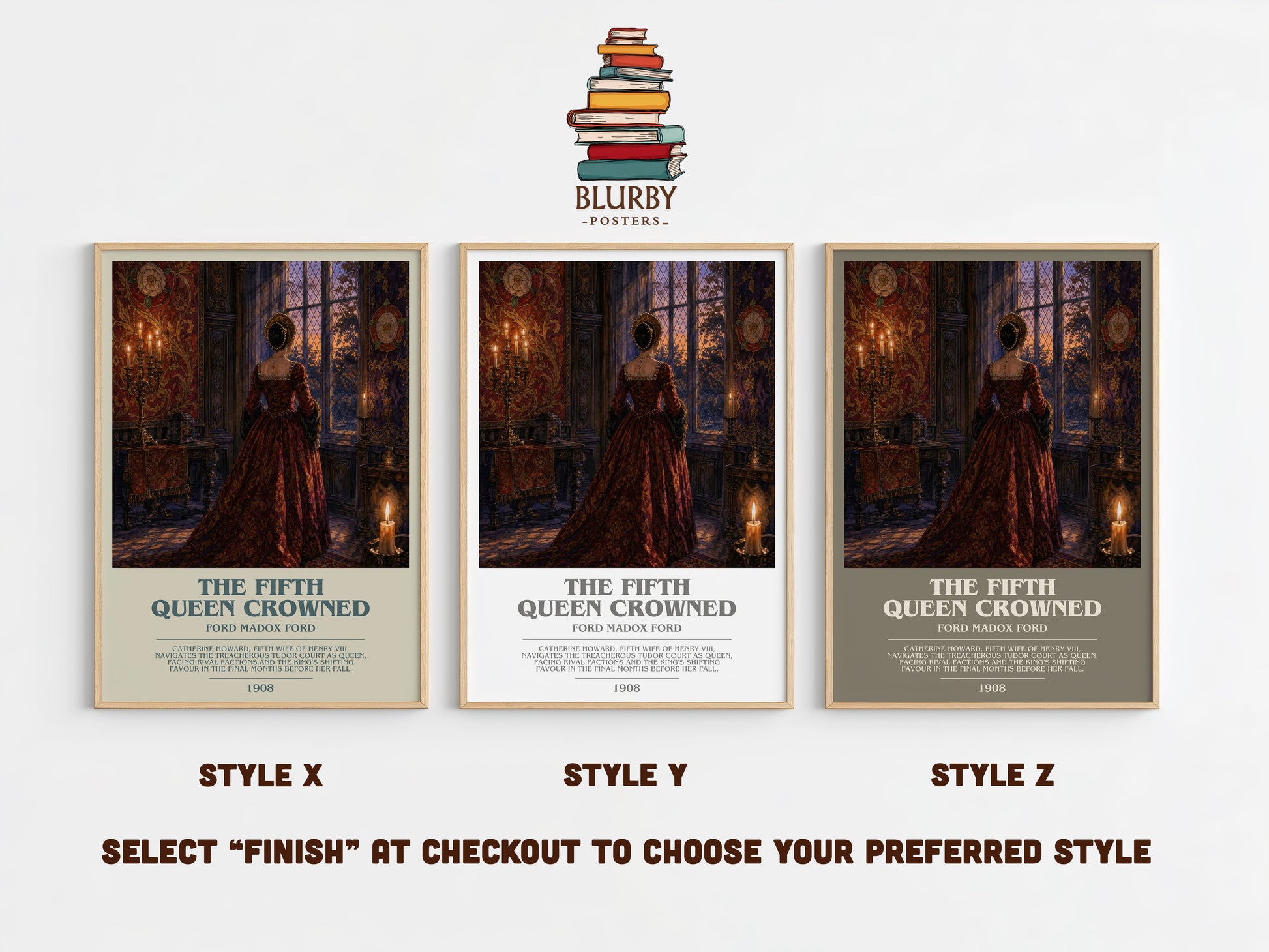 The Fifth Queen Crowned bookish print in frame leaning in hallway – historical fiction wall art