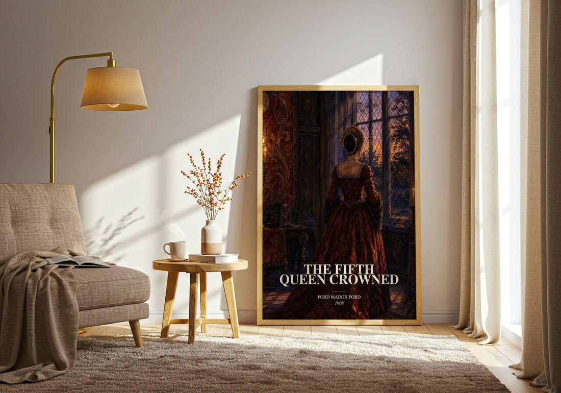 The Fifth Queen Crowned watercolour print in frame leaning in hallway – historical fiction wall art (mockup)