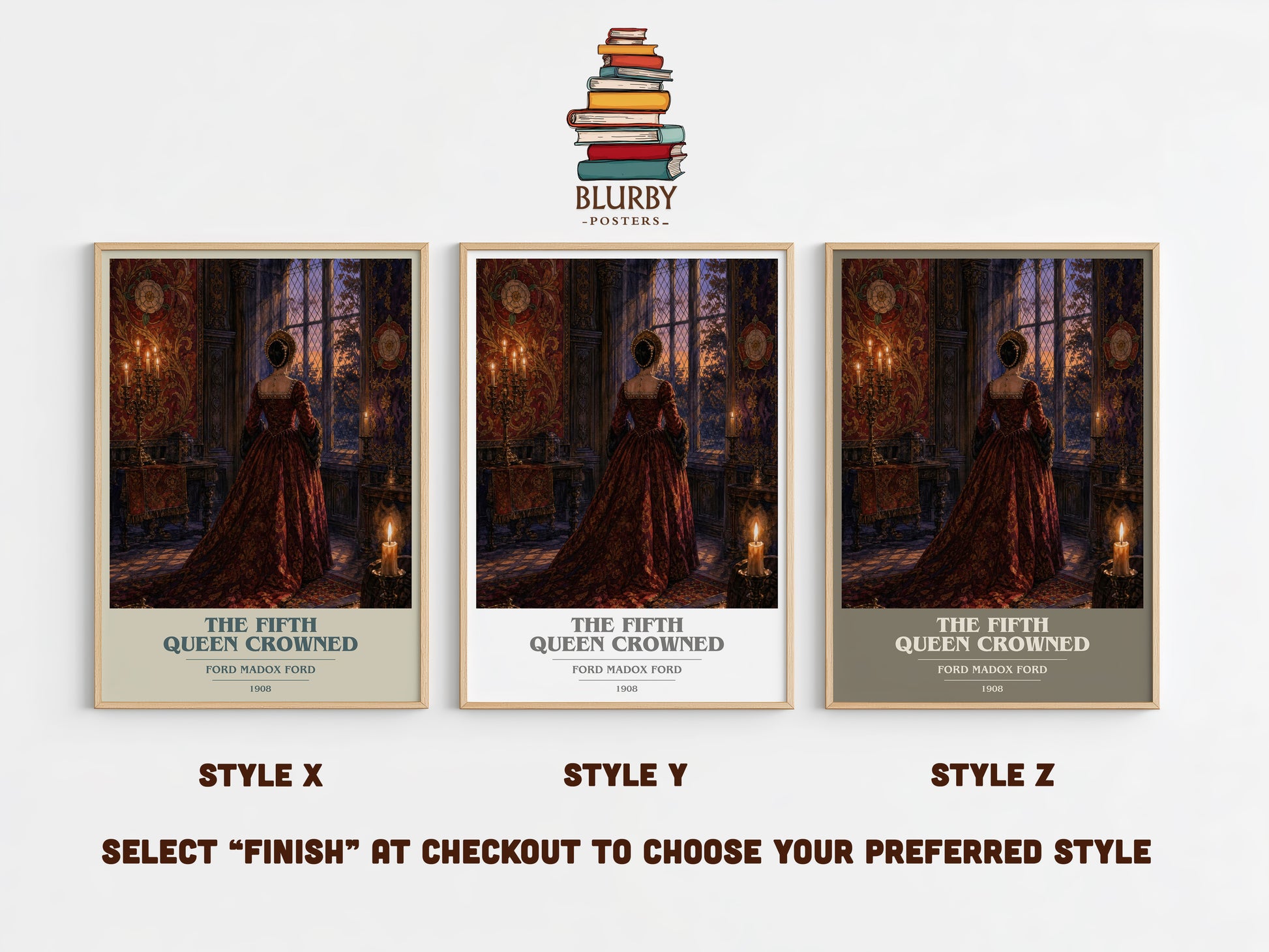 The Fifth Queen Crowned book cover print in frame leaning in hallway – historical fiction wall art