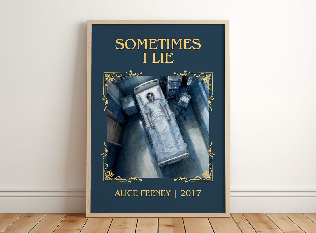 Sometimes I Lie Classic Book Art Print by Alice Feeney – framed print leaning on a wooden floor