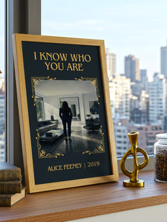 I Know Who You Are Classic Book Art Print by Alice Feeney – framed print on a city-view windowsill
