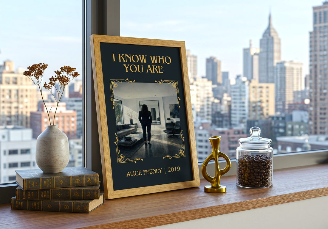 I Know Who You Are Classic Book Art Print by Alice Feeney – framed print on a city-view windowsill