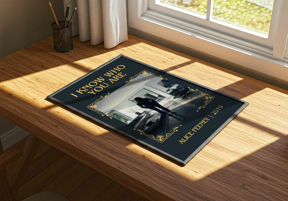 I Know Who You Are Classic Book Art Print by Alice Feeney – print on a sunlit desk