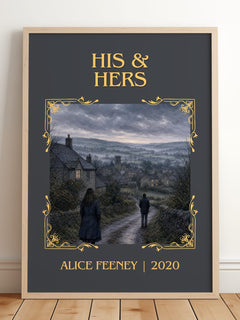 His & Hers Classic Book Art Print by Alice Feeney – framed print leaning on a wooden floor