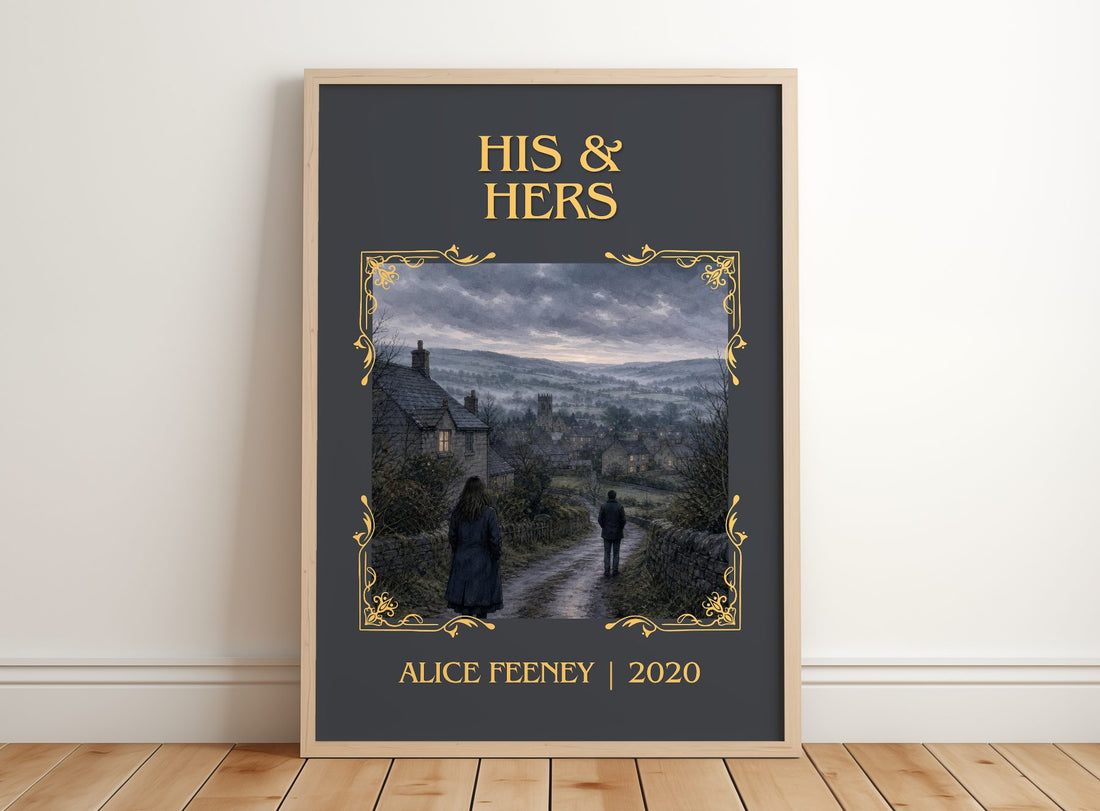 His & Hers Classic Book Art Print by Alice Feeney – framed print leaning on a wooden floor