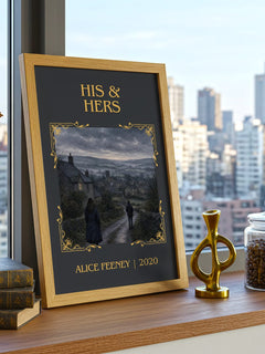 His & Hers Classic Book Art Print by Alice Feeney – framed print on a city-view windowsill