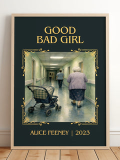 Good Bad Girl Classic Book Art Print by Alice Feeney – framed print leaning on a wooden floor