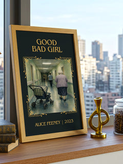 Good Bad Girl Classic Book Art Print by Alice Feeney – framed print on a city-view windowsill
