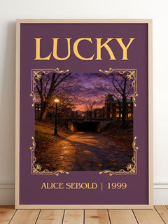 Lucky Classic Book Art Print by Alice Sebold – framed print leaning on a wooden floor