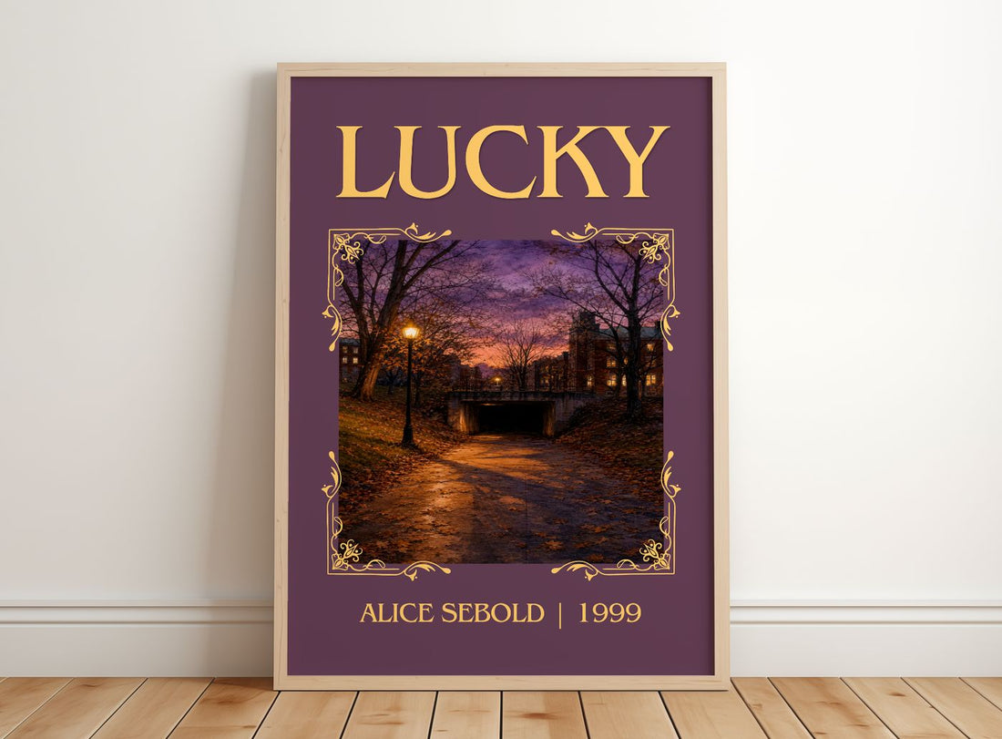 Lucky Classic Book Art Print by Alice Sebold – framed print leaning on a wooden floor