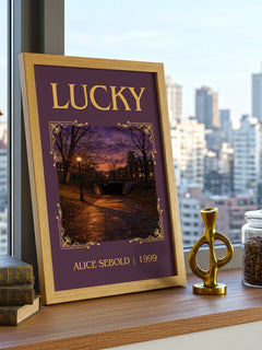 Lucky Classic Book Art Print by Alice Sebold – framed print on a city-view windowsill