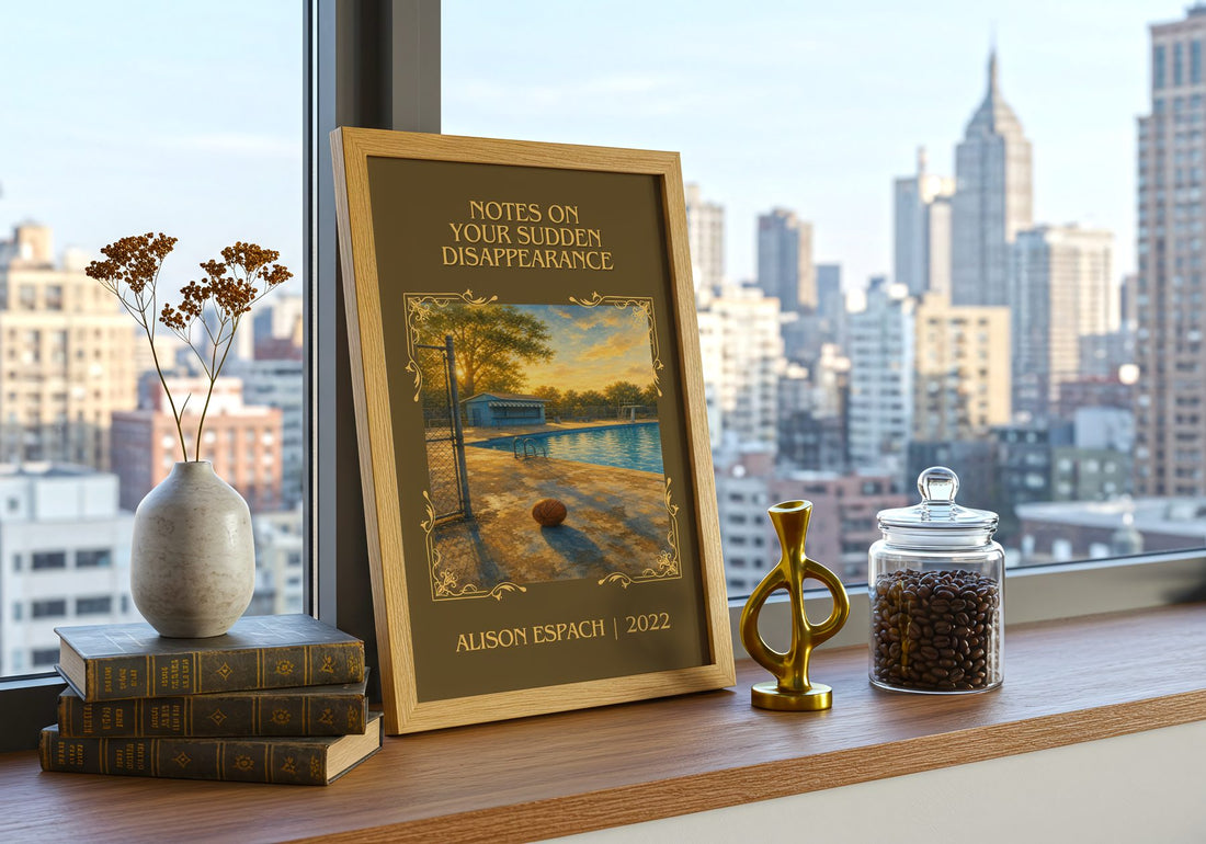 Notes On Your Sudden Disappearance Classic Book Art Print by A. Espach – framed print on a city-view windowsill