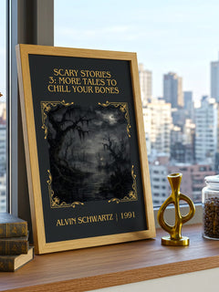 Scary Stories 3: More Tales To Chill Your Bones Classic Book Art – framed print on a city-view windowsill