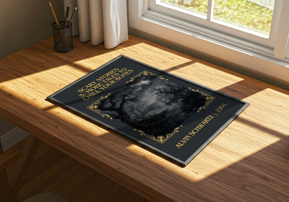 Scary Stories 3: More Tales To Chill Your Bones Classic Book Art – print on a sunlit desk