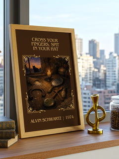 Cross Your Fingers, Spit In Your Hat Classic Book Art Print – framed print on a city-view windowsill