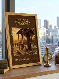Chin Music: Tall Talk And Other Notes Classic Book Art Print – framed print on a city-view windowsill