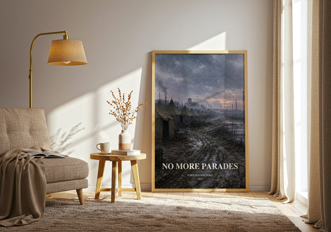 No More Parades watercolour print in frame leaning in hallway – historical fiction wall art (mockup)