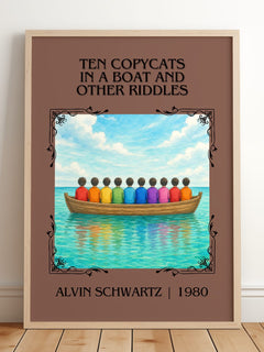 Ten Copycats In A Boat And Other Riddles Classic Book Art Print – framed print leaning on a wooden floor